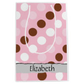 水玉模様点々のある、パターン、ピンク、ブラウン、お名前 ミディアムペーパーバッグ (正面)