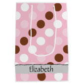水玉模様点々のある、パターン、ピンク、ブラウン、お名前 ミディアムペーパーバッグ (裏面)