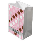 水玉模様点々のある、パターン、ピンク、ブラウン、お名前 ミディアムペーパーバッグ (裏面アングル)