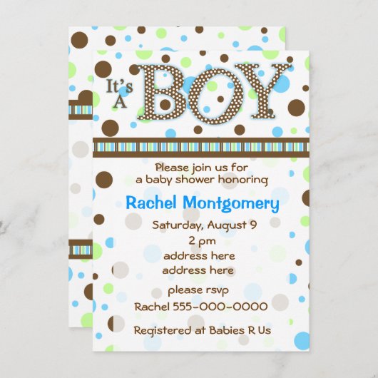 水玉模様男の子のベビーシャワーの招待 招待状 (正面/裏面)