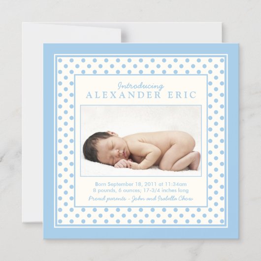 水玉模様男の赤ちゃん写真の誕生発表 マグネット招待状 (正面)