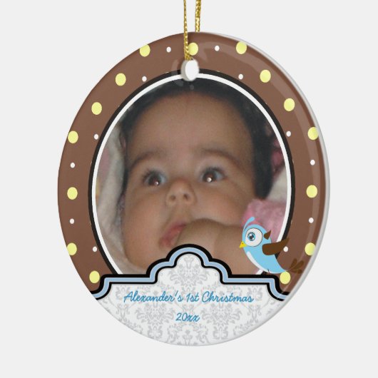 水玉模様男の赤ちゃん初めてのクリスマスフォトオーナメント セラミックオーナメント (左)