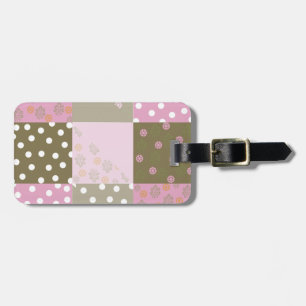 水玉模様花茶色ピンクキルト ラゲッジタグ