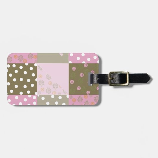水玉模様花茶色ピンクキルト ラゲッジタグ (正面横)