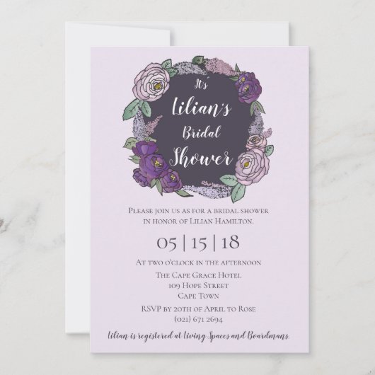 水玉模様薄紫&ラベンダーフローラブライダルシャワー 招待状 (正面)