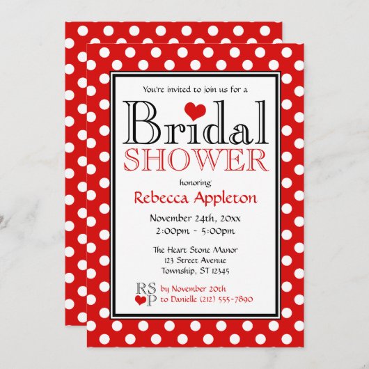 水玉模様赤いハートブライダルシャワー招待状 招待状 (正面/裏面)