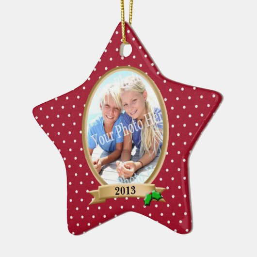 水玉模様赤とホリーのフォトフレーム セラミックオーナメント (左)