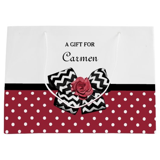 水玉模様赤と白ズカワイイバラシェブロンボウ ラージペーパーバッグ (正面)