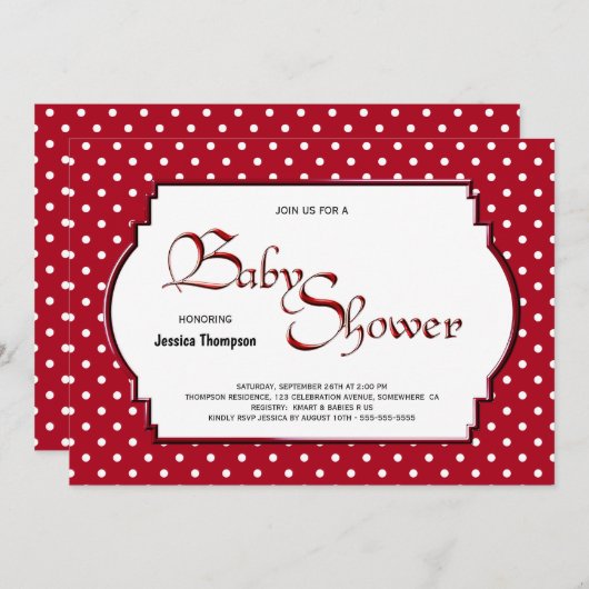 水玉模様赤と白ベビーシャワー 招待状 (正面/裏面)