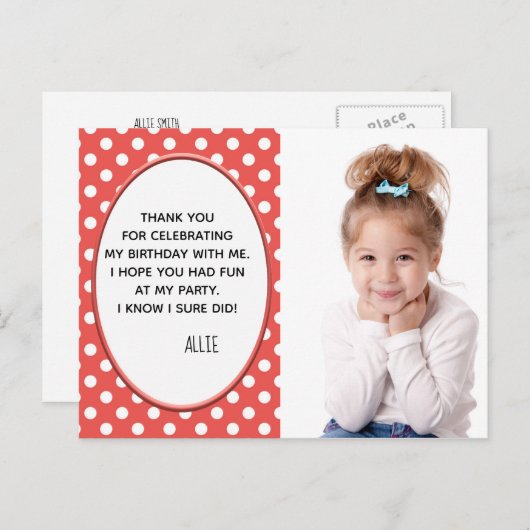 水玉模様赤と白誕生日写真ありがとう ポストカード (正面/裏面)