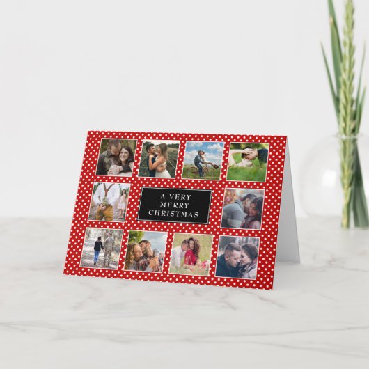 水玉模様赤と白10フォトコラージュクリスマス シーズンカード (正面)