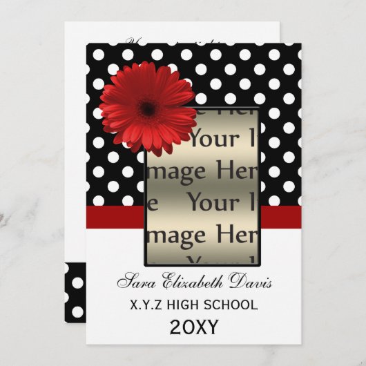 水玉模様赤デイジー卒業写真招待状 招待状 (正面/裏面)