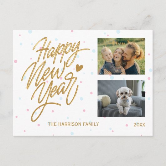 水玉模様2枚の写真新年金ゴールド書道 ポストカード (正面)