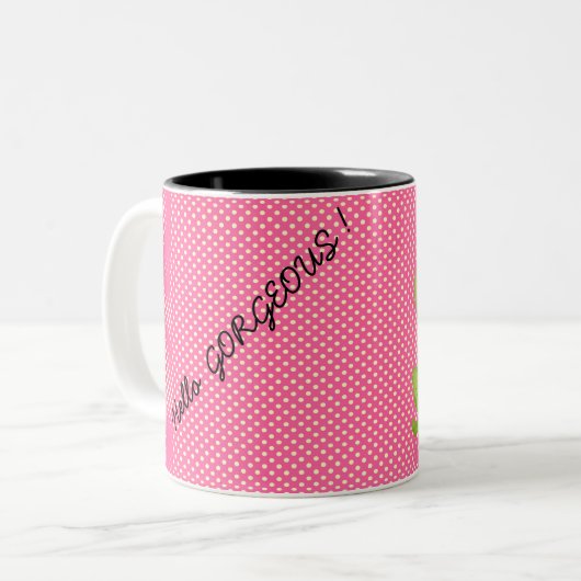 水玉模様、かわいいフロギーのメッセやる気を起こさせるージ ツートーンマグカップ (正面左)