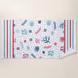 水玉模様、ストライプ魚、珊瑚 ビーチタオル