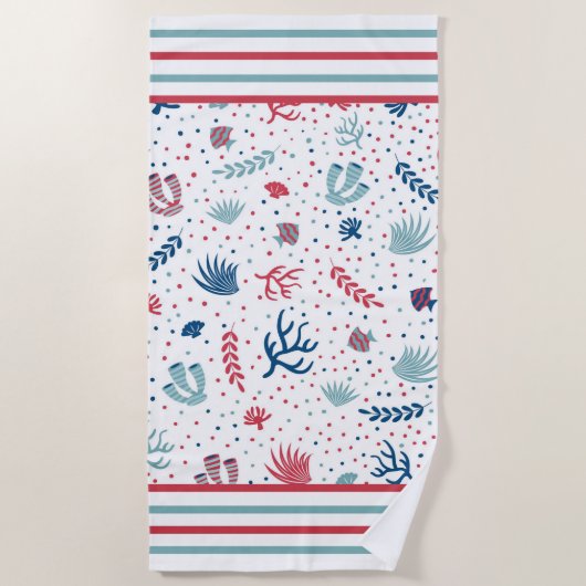 水玉模様、ストライプ魚、珊瑚 ビーチタオル (正面)