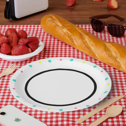 水玉模様 ターコイズ イエロー ピンク ブラック ペーパープレート (ピクニック)