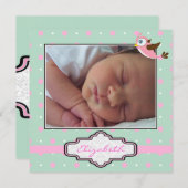 水玉模様、フレーム赤ちゃん女の子の誕生写真 案内状 (正面/裏面)