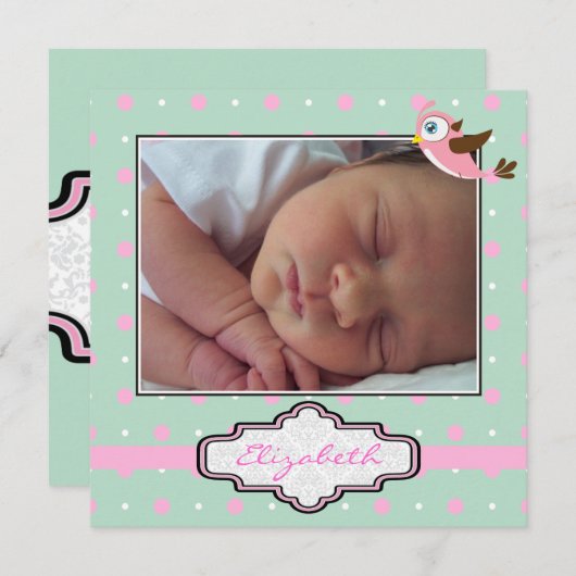 水玉模様、フレーム赤ちゃん女の子の誕生写真 案内状 (正面/裏面)
