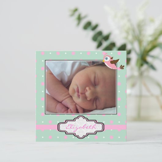 水玉模様、フレーム赤ちゃん女の子の誕生写真 案内状 (スタンド正面)