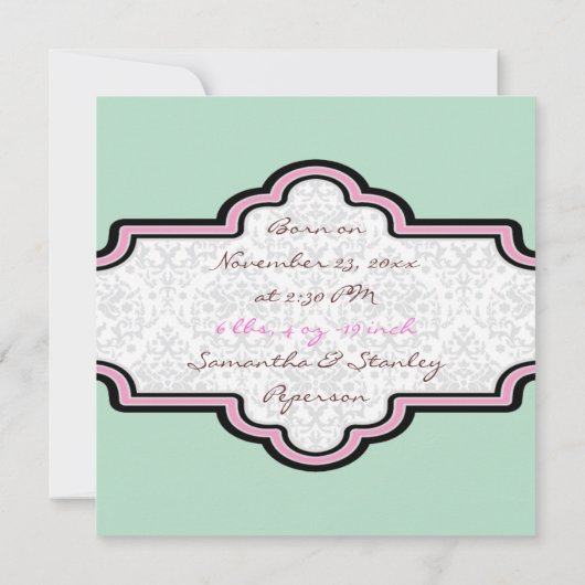 水玉模様、フレーム赤ちゃん女の子の誕生写真 案内状 (裏面)