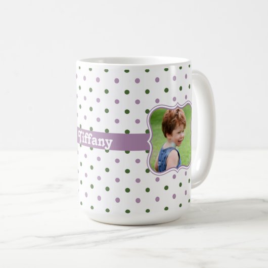 水玉模様(紫色のリボンフォトフレーム付き) コーヒーマグカップ (正面右)