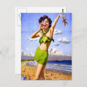 水着の女性のビーチ ポストカード (正面/裏面)