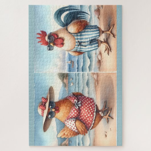 水着を着たニワトリたちと海辺 ジグソーパズル (縦)