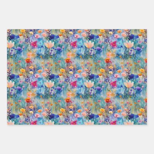 水素晴らし色数々の花柄 ラッピングペーパーシート (正面3)