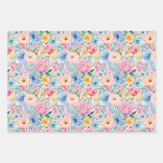 水素晴らし色数々の花柄 ラッピングペーパーシート (正面)
