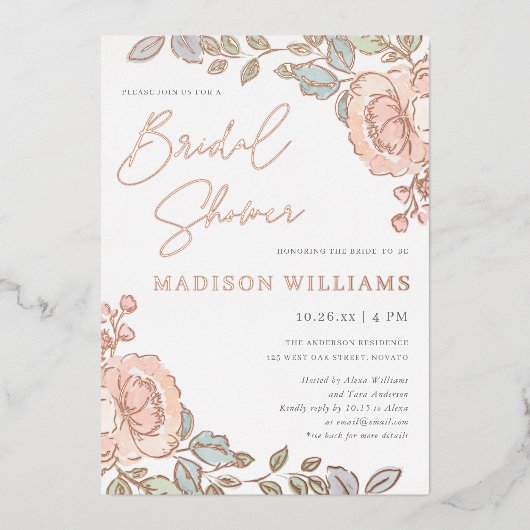 水素朴かわいらし色フローラブライダルシャワー 箔招待状 (正面)