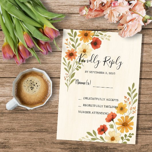 水素朴モダン色の花結婚式RSVP 招待状