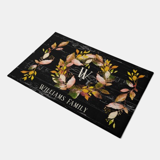 水素朴彩秋のリースファミリーブラック ドアマット (アングル)