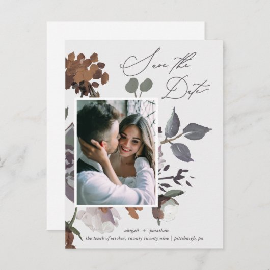 水素朴自然色のブーケ日付を保存 インビテーションポストカード (正面/裏面)