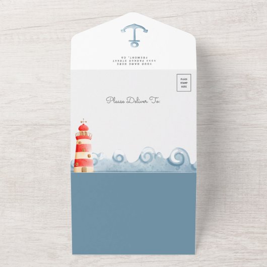 水素朴色かわいいボートベビー航海のシャワー オールインワン招待状 (外側)