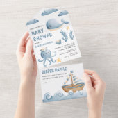 水素朴色かわいいボートベビー航海のシャワー オールインワン招待状 (貼ってはがせる)