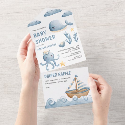 水素朴色かわいいボートベビー航海のシャワー オールインワン招待状 (貼ってはがせる)