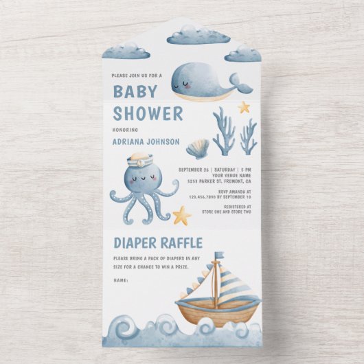 水素朴色かわいいボートベビー航海のシャワー オールインワン招待状 (内側)
