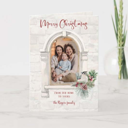 水素朴色のウィンドウとクリスマスフローラ写真 シーズンカード (正面)