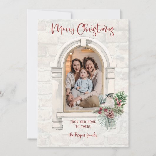 水素朴色のウィンドウとクリスマスフローラ写真 シーズンカード (正面)