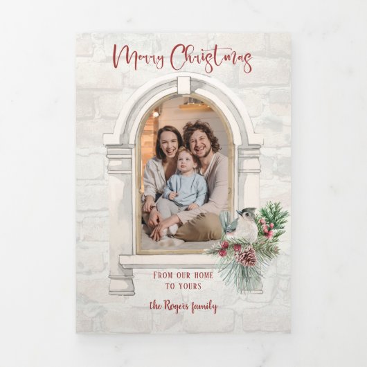 水素朴色のウィンドウとクリスマスフローラ写真 三つ折りカード (カバー)