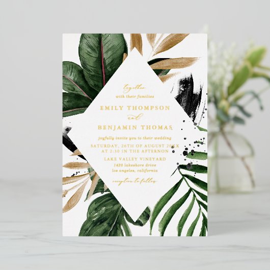 水素朴色のトロピカル葉の結婚フレーム 箔招待状 (立ち正面)