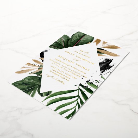 水素朴色のトロピカル葉の結婚フレーム 箔招待状 (回転した状態)