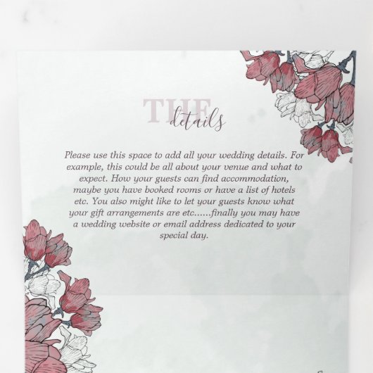 水素朴色のピンクのフローラすべて結婚の 三つ折り招待状 (内部最初)