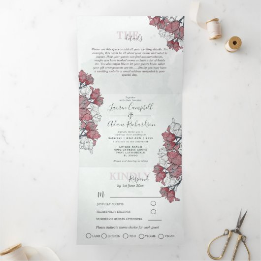 水素朴色のピンクのフローラすべて結婚の 三つ折り招待状 (内部)