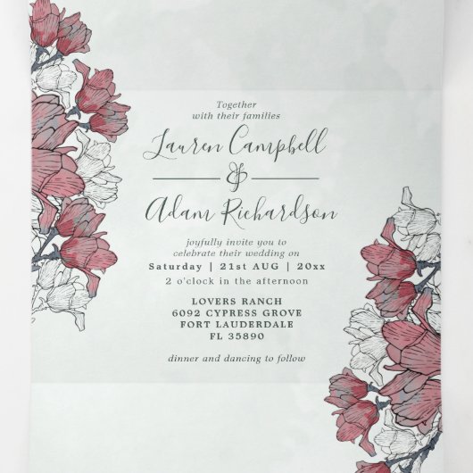 水素朴色のピンクのフローラすべて結婚の 三つ折り招待状 (内部中)