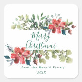 水素朴色の冬の緑と赤い花 スクエアシール (正面)