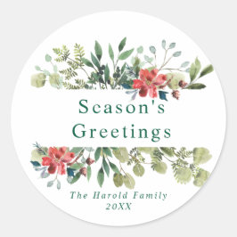 水素朴色の冬の緑と赤い花 ラウンドシール