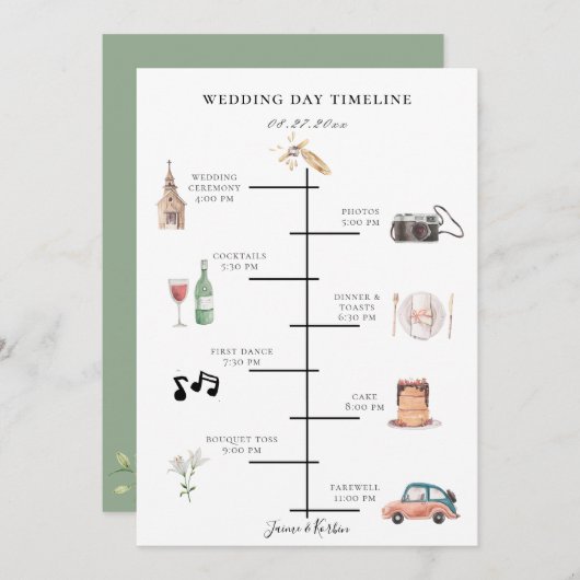 水素朴色の図解入りの、写真付きの結婚式のタイムライン プログラム (正面/裏面)