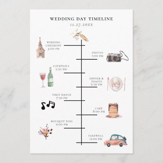 水素朴色の図解入りの、写真付きの結婚式のタイムライン プログラム (正面)